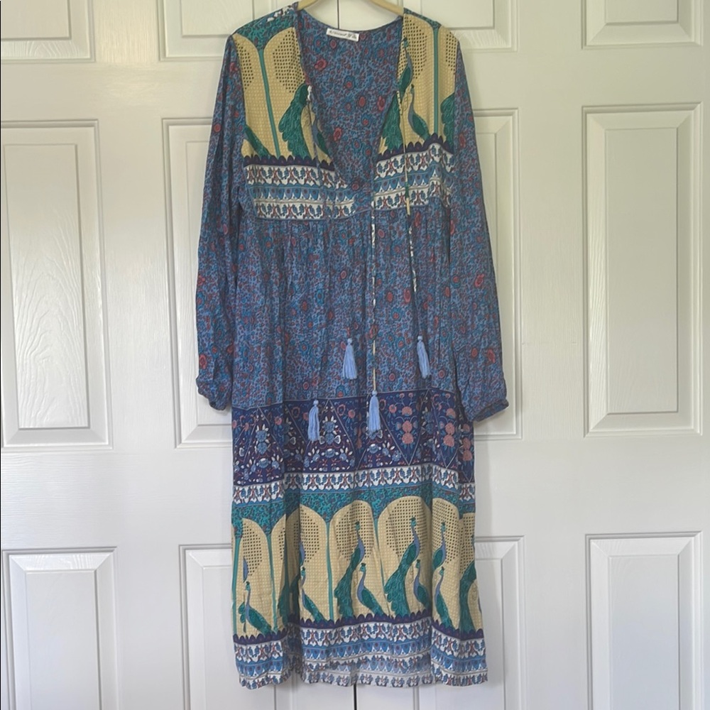 Boho Chic Spell Blue and Yellow Long Sleeve Dress